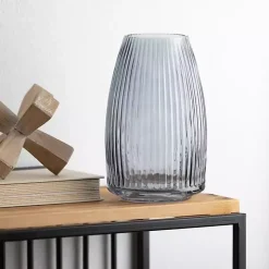 Modern Gray Ribbed Glass Vase