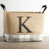 Monogrammed K Gray Plaid Leather Handle Jute Bin