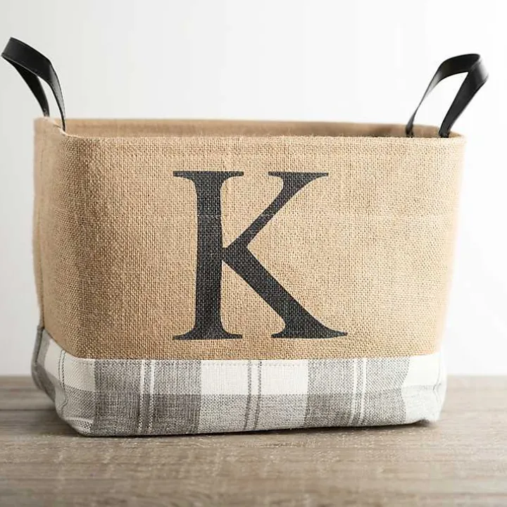Monogrammed K Gray Plaid Leather Handle Jute Bin