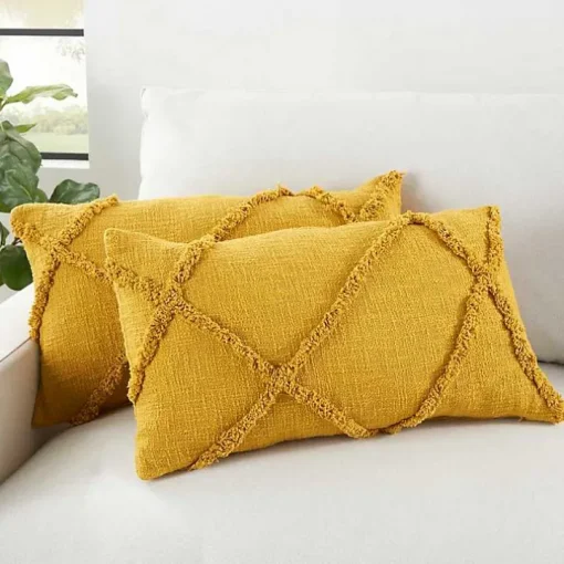 Mustard Tufted Diamond Lumbar Pillows, Set of 2