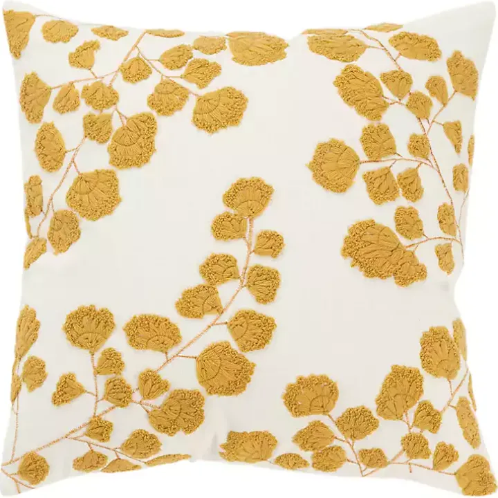 Mustard Yellow Embroidered Floral Throw Pillow