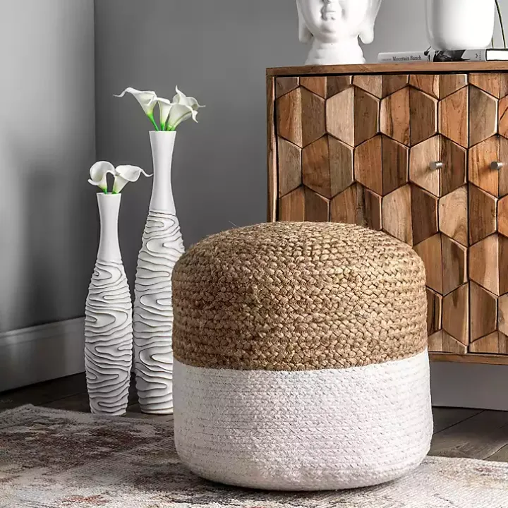 Natural and White Neely Jute Braided Pouf