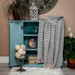Natural Blue Striped Woven Tassel Throw