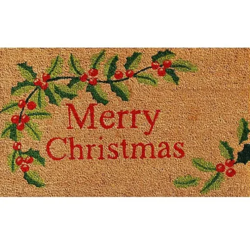 Natural Merry Christmas Holly Coir Doormat