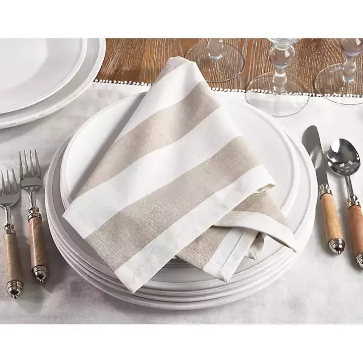 Natural Tan Striped Cotton Napkins, Set of 4