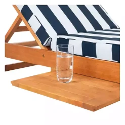 Natural Wood Chaise with Table and Striped Cushion