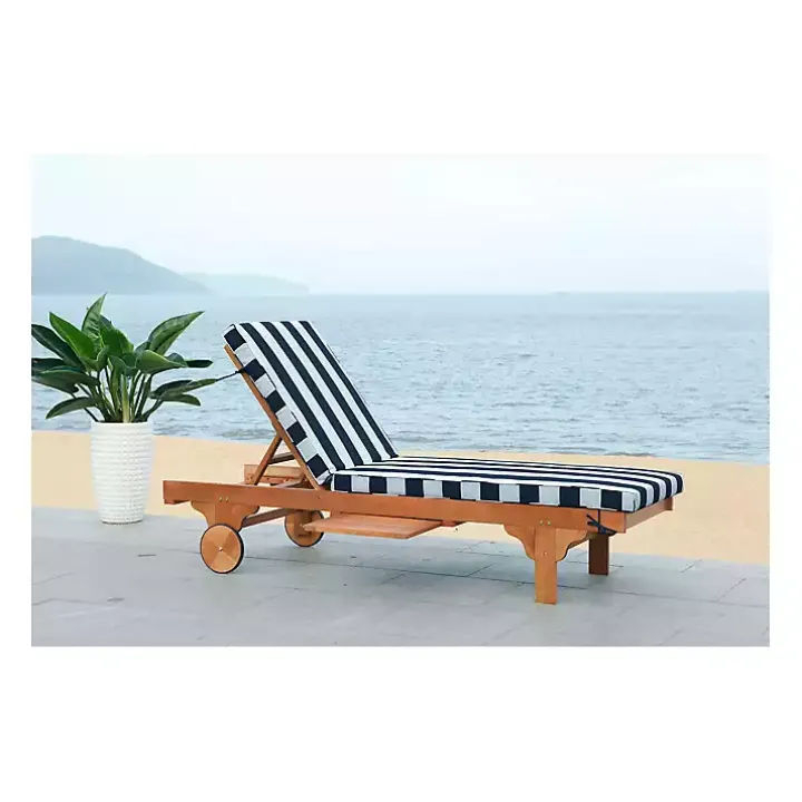Natural Wood Chaise with Table and Striped Cushion