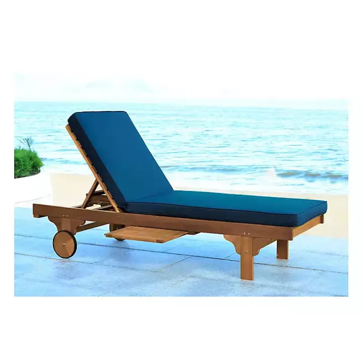 Natural Wooden Chaise with Table and Navy Cushion