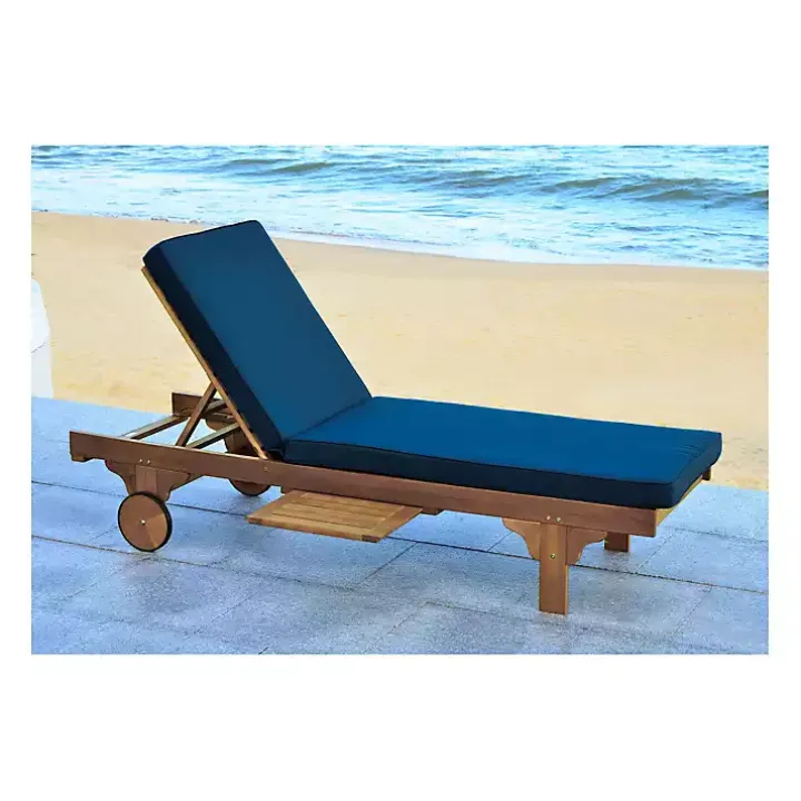 Natural Wooden Chaise with Table and Navy Cushion
