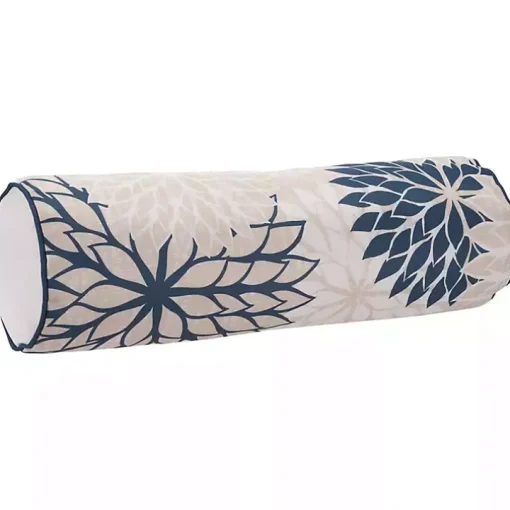 Navy and Beige Floral Outdoor Bolster Pillow