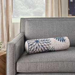 Navy and Beige Floral Outdoor Bolster Pillow