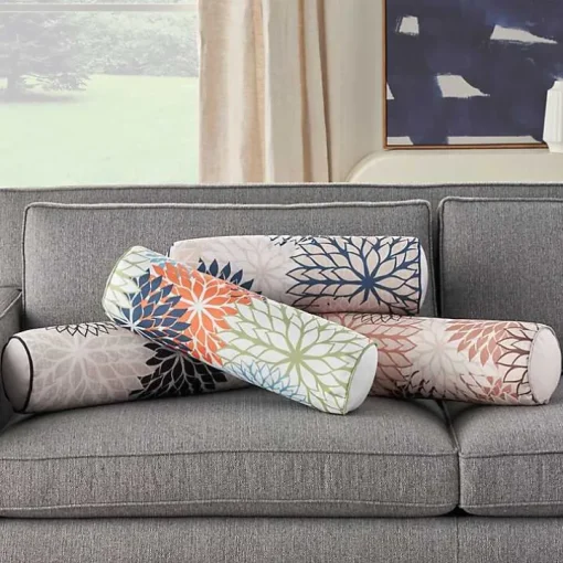 Navy and Beige Floral Outdoor Bolster Pillow