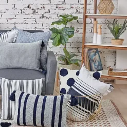 Navy and White Stripe Fringe Throw Pillow