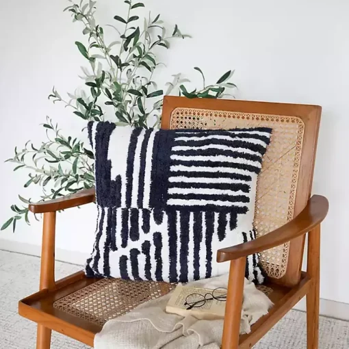 Navy Blue Geometric Shag Throw Pillow