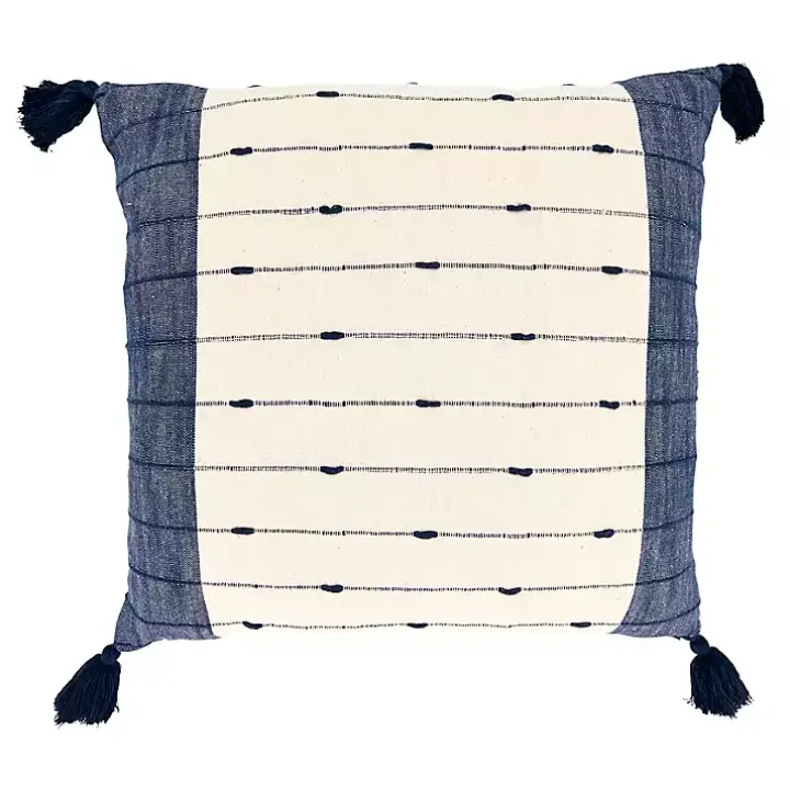Navy Blue Stripe Tassel Throw Pillow