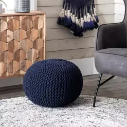 Navy Chain Knitted Round Pouf