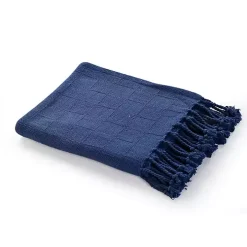 Navy Checkered Weave Fringe Throw