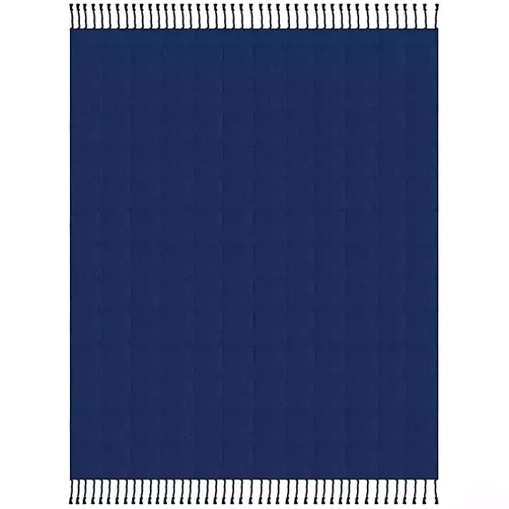 Navy Checkered Weave Fringe Throw