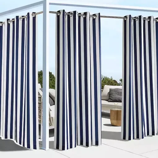 Navy Coastal Stripe Outdoor Curtain Panel, 96 in.