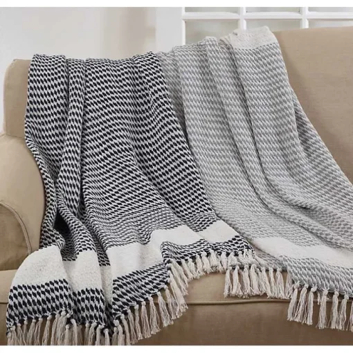 Navy Diamond Weave Throw with Tassels