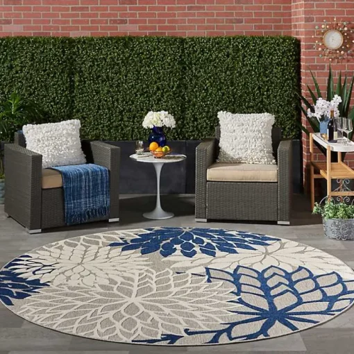 Navy Floral Burst Round Outdoor Area Rug, 7x7