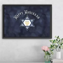 Navy Happy Hanukkah Star Framed Wall Art