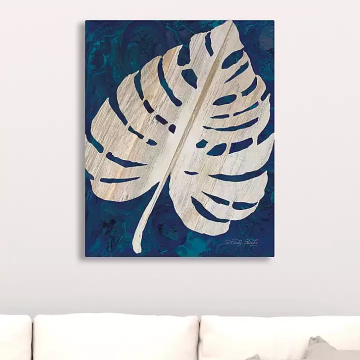 Navy Monstera Leaf Giclee Canvas Art Print