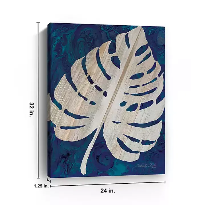 Navy Monstera Leaf Giclee Canvas Art Print