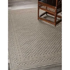 Neutral Bordered Lattice Outdoor Area Rug, 5x7