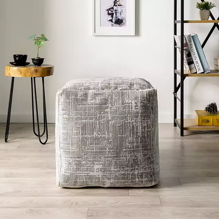 Neutral Distressed Geo Ultra-Soft Pouf