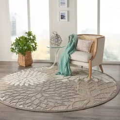 Neutral Floral Burst Outdoor Round Area Rug, 7 ft.