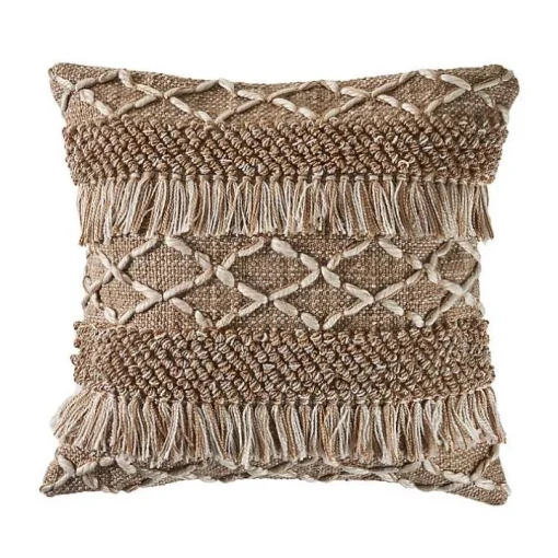 Neutral Geometric Fringe Accent Pillow