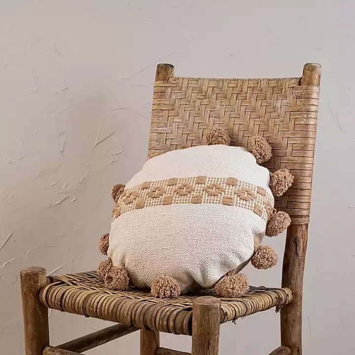 Neutral Soft Poms Round Throw Pillow