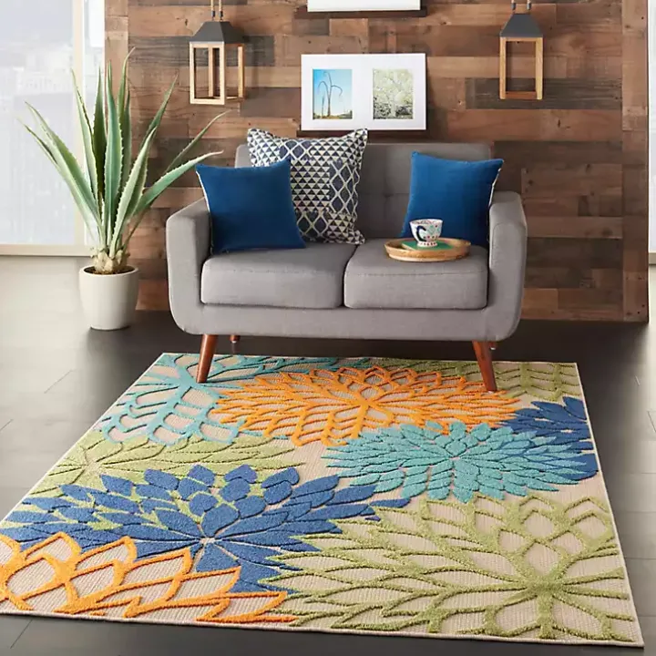 Orange Bright Floral Burst Outdoor Area Rug, 5x7