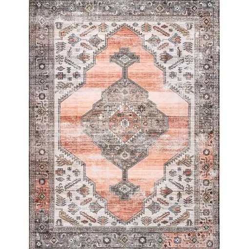 Orange Distressed Medallion Washable Area Rug, 5x8