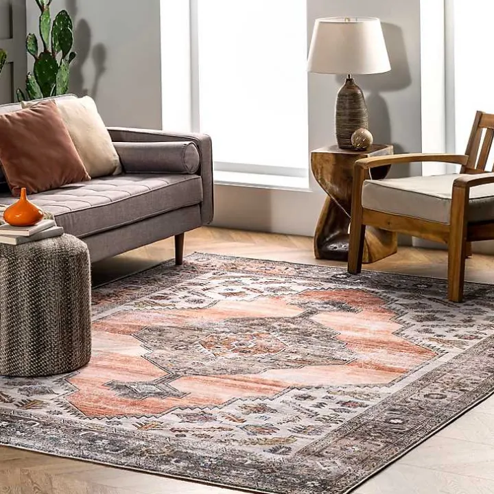 Orange Distressed Medallion Washable Area Rug, 3x5
