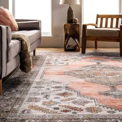Orange Distressed Medallion Washable Area Rug, 5x8