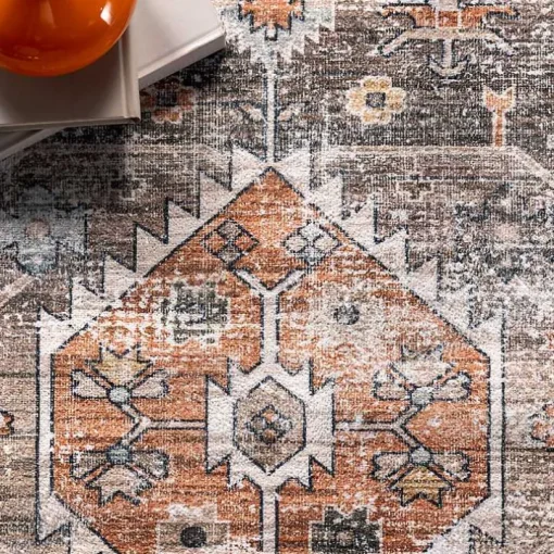 Orange Distressed Medallion Washable Area Rug, 5x8