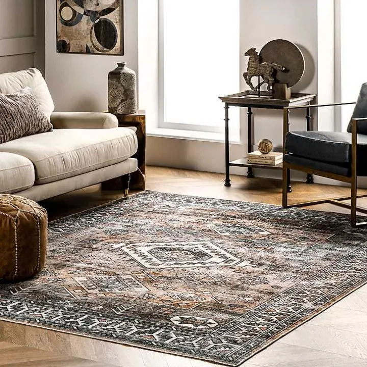 Orange Global Pattern Washable Area Rug, 5x8