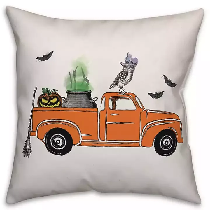 Orange Halloween Truck Throw Pillow
