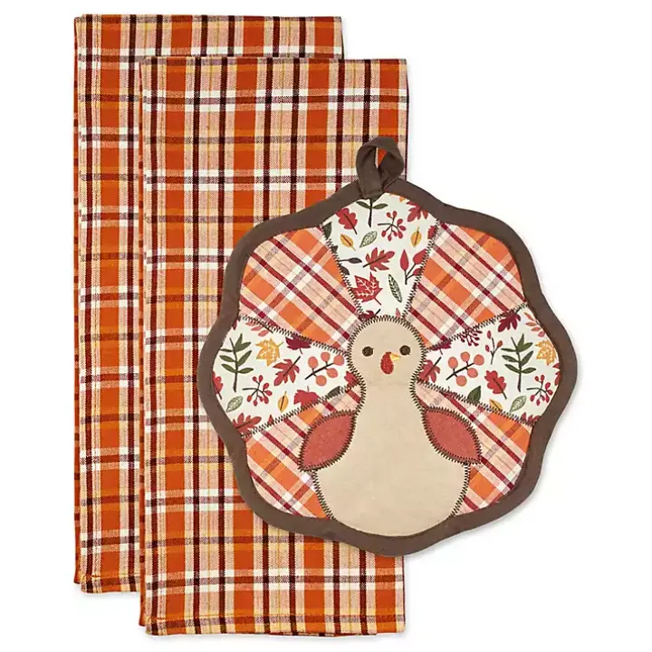 Orange Plaid Turkey 3-pc. Potholder & Towel Set