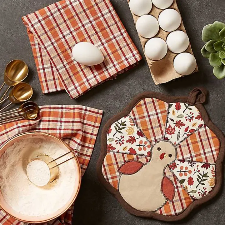 Orange Plaid Turkey 3-pc. Potholder & Towel Set
