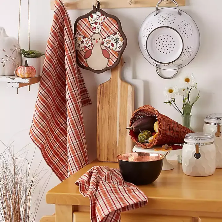Orange Plaid Turkey 3-pc. Potholder & Towel Set