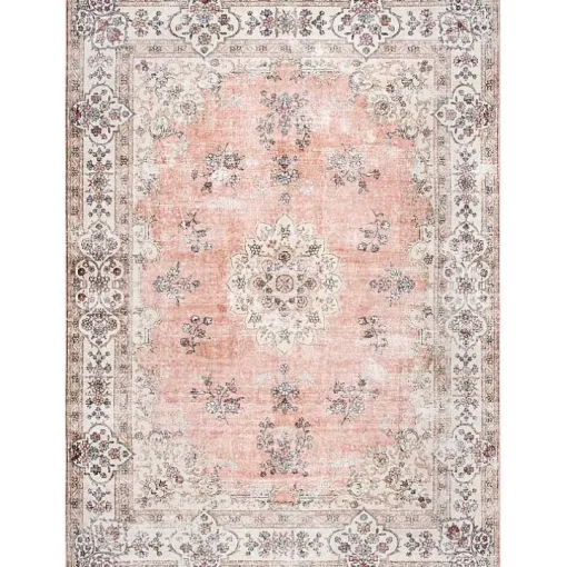 Orange Vintage Floral Washable Area Rug, 3x5