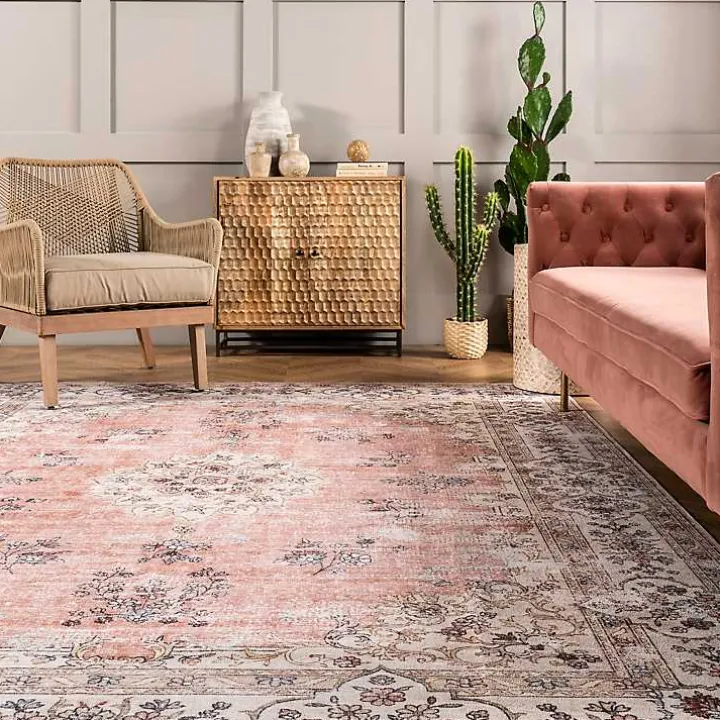 Orange Vintage Floral Washable Area Rug, 3x5