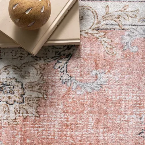 Orange Vintage Floral Washable Area Rug, 3x5