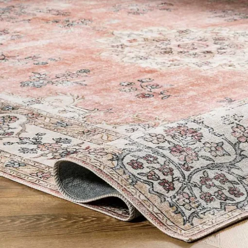 Orange Vintage Floral Washable Area Rug, 3x5