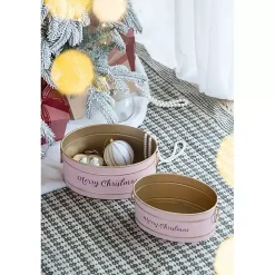 Oval Pink Iron Merry Christmas Baskets, Set of 2