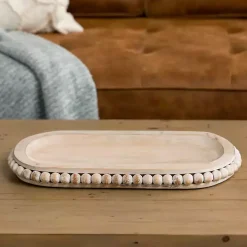 Oval Whitewashed Beaded Wood Tray