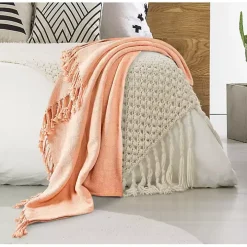 Peach Checkered Weave Fringe Throw